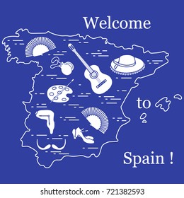 Vector illustration with various symbols of Spain arranged in a circle. Travel and leisure. Design for banner, poster or print.