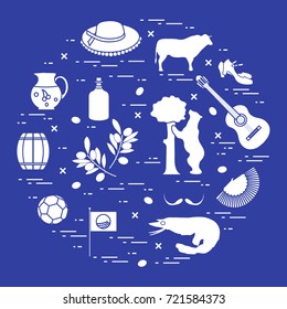 Vector illustration with various symbols of Spain arranged in a circle. Travel and leisure. Design for banner, poster or print.