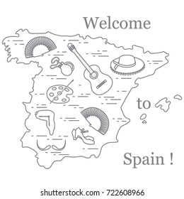 Vector illustration with various symbols of Spain arranged in a circle. Travel and leisure. Design for banner, poster or print.