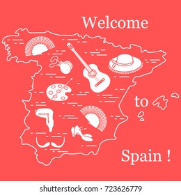 Vector illustration with various symbols of Spain arranged in a circle. Travel and leisure. Design for banner, poster or print.