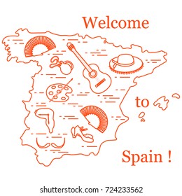 Vector illustration with various symbols of Spain arranged in a circle. Travel and leisure. Design for banner, poster or print.