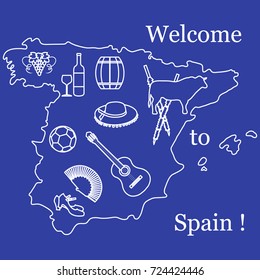 Vector illustration with various symbols of Spain. Travel and leisure. Design for banner, poster or print.