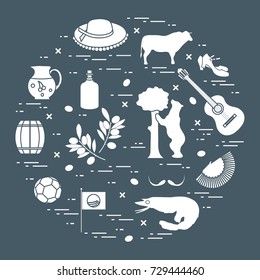 Vector illustration with various symbols of Spain arranged in a circle. Travel and leisure. Design for banner, poster or print.