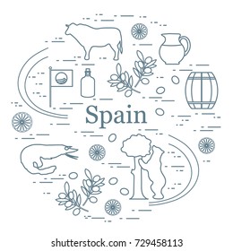 Vector illustration with various symbols of Spain arranged in a circle. Travel and leisure. Design for banner, poster or print.