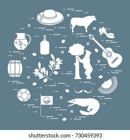 Vector illustration with various symbols of Spain arranged in a circle. Travel and leisure. Design for banner, poster or print.