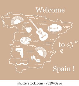Vector illustration with various symbols of Spain arranged in a circle. Travel and leisure. Design for banner, poster or print.