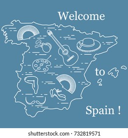 Vector illustration with various symbols of Spain arranged in a circle. Travel and leisure. Design for banner, poster or print.