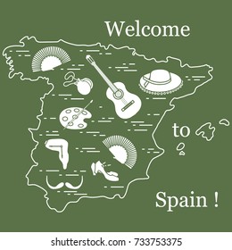 Vector illustration with various symbols of Spain arranged in a circle. Travel and leisure. Design for banner, poster or print.