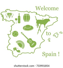 Vector illustration with various symbols of Spain. Travel and leisure. Design for banner, poster or print.