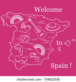 Vector illustration with various symbols of Spain arranged in a circle. Travel and leisure. Design for banner, poster or print.