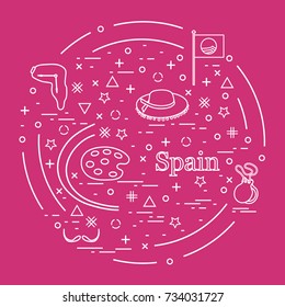 Vector illustration with various symbols of Spain arranged in a circle. Travel and leisure. Design for banner, poster or print.