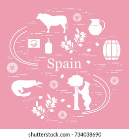 Vector illustration with various symbols of Spain arranged in a circle. Travel and leisure. Design for banner, poster or print.