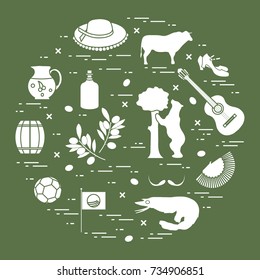 Vector illustration with various symbols of Spain arranged in a circle. Travel and leisure. Design for banner, poster or print.
