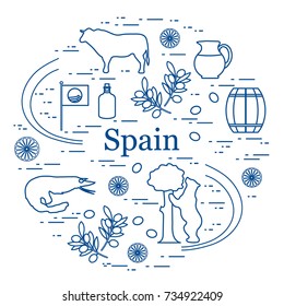 Vector illustration with various symbols of Spain arranged in a circle. Travel and leisure. Design for banner, poster or print.