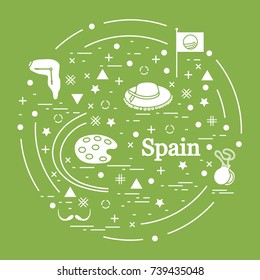 Vector illustration with various symbols of Spain arranged in a circle. Travel and leisure. Design for banner, poster or print.