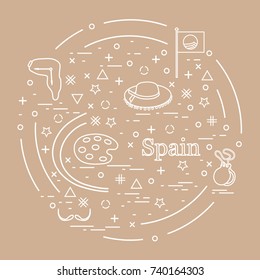 Vector illustration with various symbols of Spain arranged in a circle. Travel and leisure. Design for banner, poster or print.