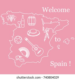 Vector illustration with various symbols of Spain. Travel and leisure. Design for banner, poster or print.