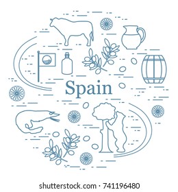 Vector illustration with various symbols of Spain arranged in a circle. Travel and leisure. Design for banner, poster or print.