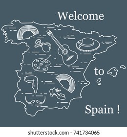 Vector illustration with various symbols of Spain arranged in a circle. Travel and leisure. Design for banner, poster or print.