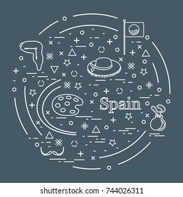 Vector illustration with various symbols of Spain arranged in a circle. Travel and leisure. Design for banner, poster or print.