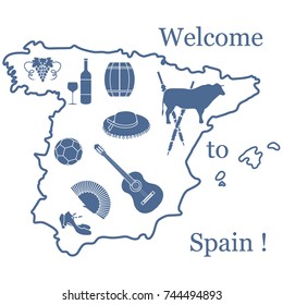 Vector illustration with various symbols of Spain. Travel and leisure. Design for banner, poster or print.