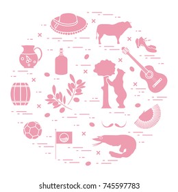 Vector illustration with various symbols of Spain arranged in a circle. Travel and leisure. Design for banner, poster or print.
