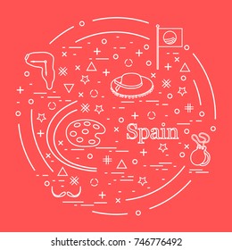 Vector illustration with various symbols of Spain arranged in a circle. Travel and leisure. Design for banner, poster or print.