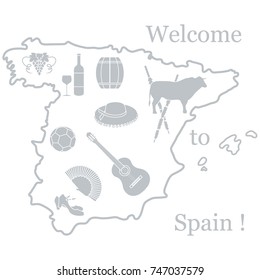 Vector illustration with various symbols of Spain. Travel and leisure. Design for banner, poster or print.