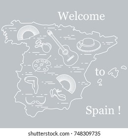 Vector illustration with various symbols of Spain arranged in a circle. Travel and leisure. Design for banner, poster or print.