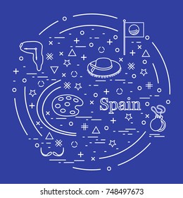 Vector illustration with various symbols of Spain arranged in a circle. Travel and leisure. Design for banner, poster or print.