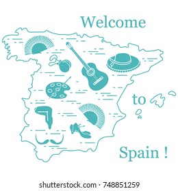 Vector illustration with various symbols of Spain arranged in a circle. Travel and leisure. Design for banner, poster or print.