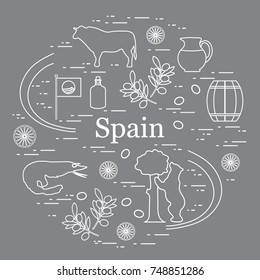 Vector illustration with various symbols of Spain arranged in a circle. Travel and leisure. Design for banner, poster or print.