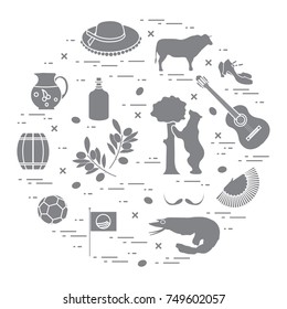 Vector illustration with various symbols of Spain arranged in a circle. Travel and leisure. Design for banner, poster or print.