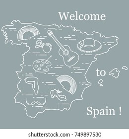Vector illustration with various symbols of Spain arranged in a circle. Travel and leisure. Design for banner, poster or print.