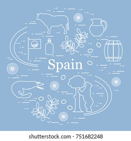 Vector illustration with various symbols of Spain arranged in a circle. Travel and leisure. Design for banner, poster or print.
