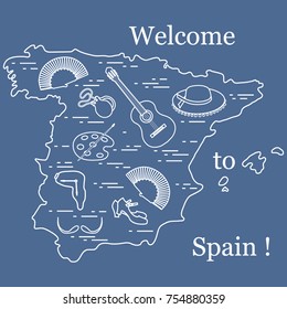 Vector illustration with various symbols of Spain arranged in a circle. Travel and leisure. Design for banner, poster or print.