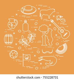 Vector illustration with various symbols of Spain arranged in a circle. Travel and leisure. Design for banner, poster or print.