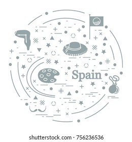 Vector illustration with various symbols of Spain arranged in a circle. Travel and leisure. Design for banner, poster or print.