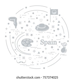 Vector illustration with various symbols of Spain arranged in a circle. Travel and leisure. Design for banner, poster or print.