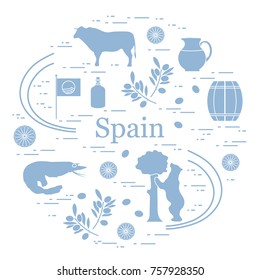 Vector illustration with various symbols of Spain arranged in a circle. Travel and leisure. Design for banner, poster or print.
