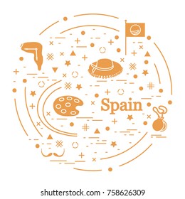 Vector illustration with various symbols of Spain arranged in a circle. Travel and leisure. Design for banner, poster or print.