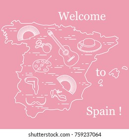Vector illustration with various symbols of Spain arranged in a circle. Travel and leisure. Design for banner, poster or print.