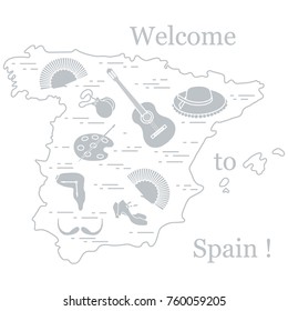 Vector illustration with various symbols of Spain arranged in a circle. Travel and leisure. Design for banner, poster or print.