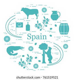 Vector illustration with various symbols of Spain arranged in a circle. Travel and leisure. Design for banner, poster or print.