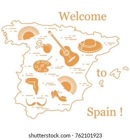 Vector illustration with various symbols of Spain arranged in a circle. Travel and leisure. Design for banner, poster or print.