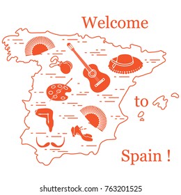 Vector illustration with various symbols of Spain arranged in a circle. Travel and leisure. Design for banner, poster or print.