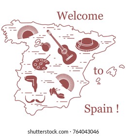 Vector illustration with various symbols of Spain arranged in a circle. Travel and leisure. Design for banner, poster or print.