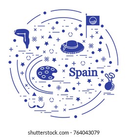 Vector illustration with various symbols of Spain arranged in a circle. Travel and leisure. Design for banner, poster or print.