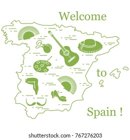 Vector illustration with various symbols of Spain arranged in a circle. Travel and leisure. Design for banner, poster or print.