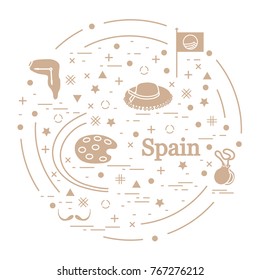 Vector illustration with various symbols of Spain arranged in a circle. Travel and leisure. Design for banner, poster or print.